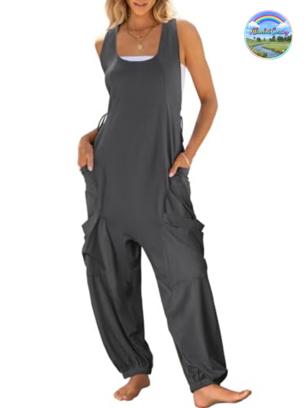 Sleeveless Scoop Neck Jumpsuit with Pockets Loose Fit Overalls